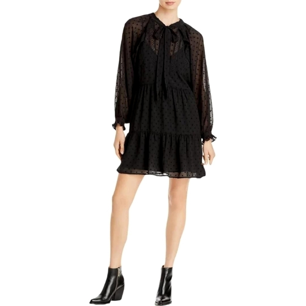 NWT Swiss Dot Long Sleeve Tie Neck Mini Dress Small